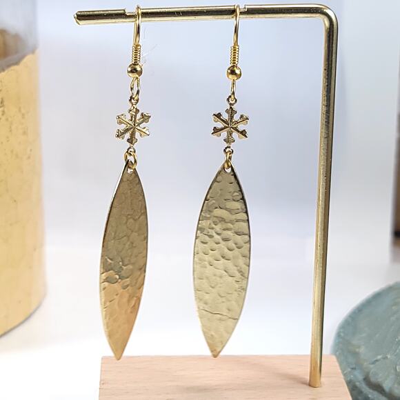 Gold Hammered Dangle Earrings with Snowflake Charm, Boho Chic Jewelry Design - Picture 9 of 10